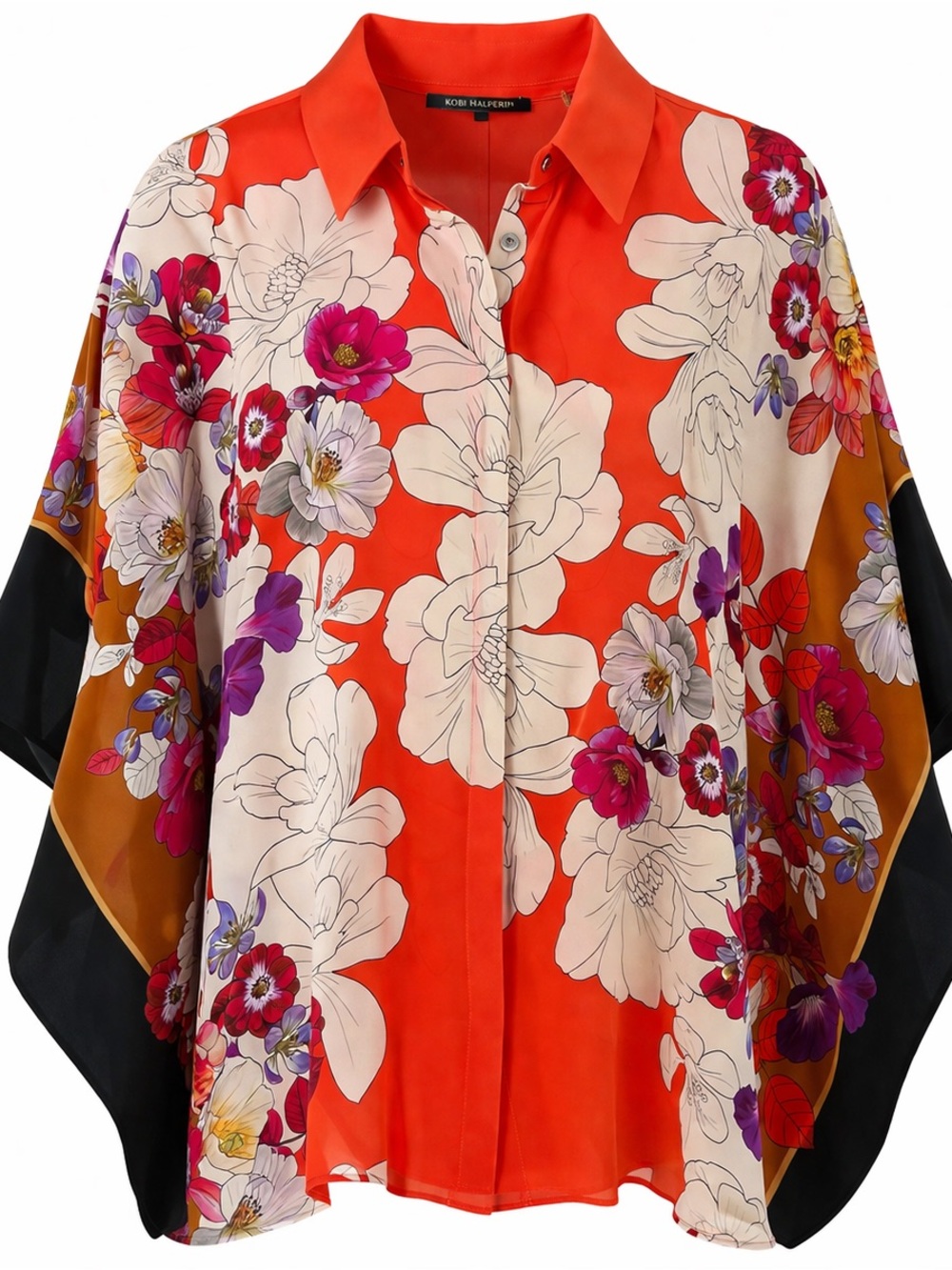 Kobi Halperin 100% Silk Floral Blouse Poncho Cape Top Orange Multi M/L